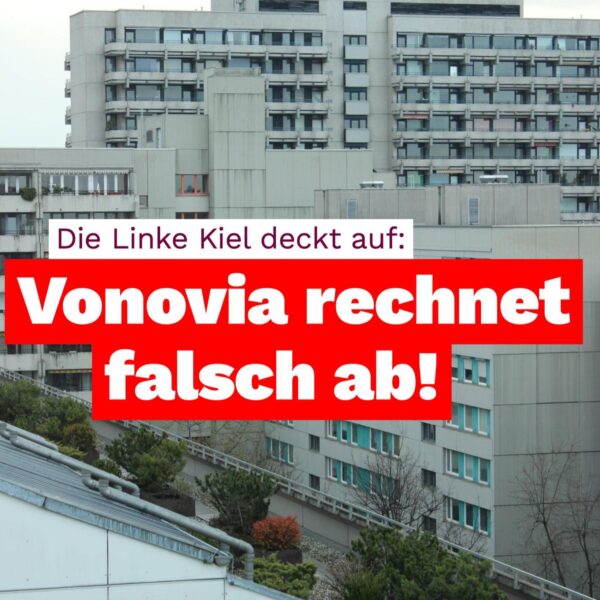 Die Linke Kiel deckt auf: Vonovia rechnet falsch ab! Hintergrundbild sind Wohnblöcke.