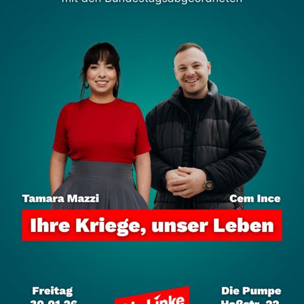 Ihre Kriege, unser Leben. Ein Gespräch über antimilitaristische Arbeitskämpfe mit den MdB Tamara Mazzi und Cem Ince. Fr, 30.01., 19 Uhr, Die Pumpe, Haßstr. 22, Kiel