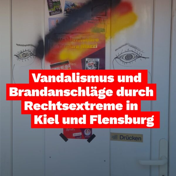 Vandalismus und Brandanschl&auml;ge durch Rechtsextreme in Kiel und Flensburg. Hintergund: Foto der entsprechend beschmierten und beklebten T&uuml;r des Linken Ecks