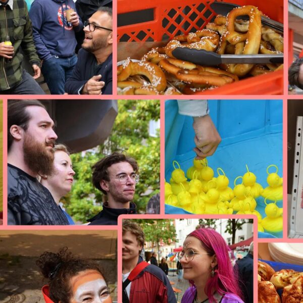 Collage von Eindr&uuml;cken des Sommerfestes, u.a. Brezeln, Entenangeln, lachande Menschen, zuh&ouml;rende Menschen, Schminkstand